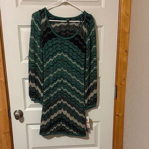 XOXO Green,  Black & Gold Knitted Chevron Dress